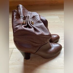 Tory Burch Chestnut Brown Leather Ankle Booties with Gold Accent